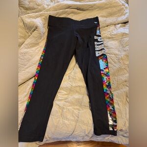 Victoria's Secret PINK Black Leggings with Multicolor Sequin Side Stripes